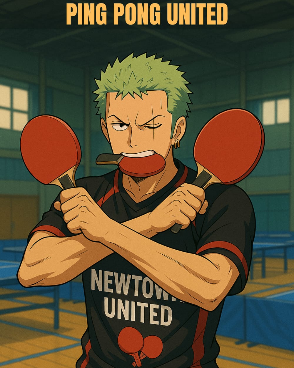 Loronoa Zorro, ein Charakter von One Piece, mit drei Tischtenniskellen im Stile seines Drei-Schwert-Stiles da steht.