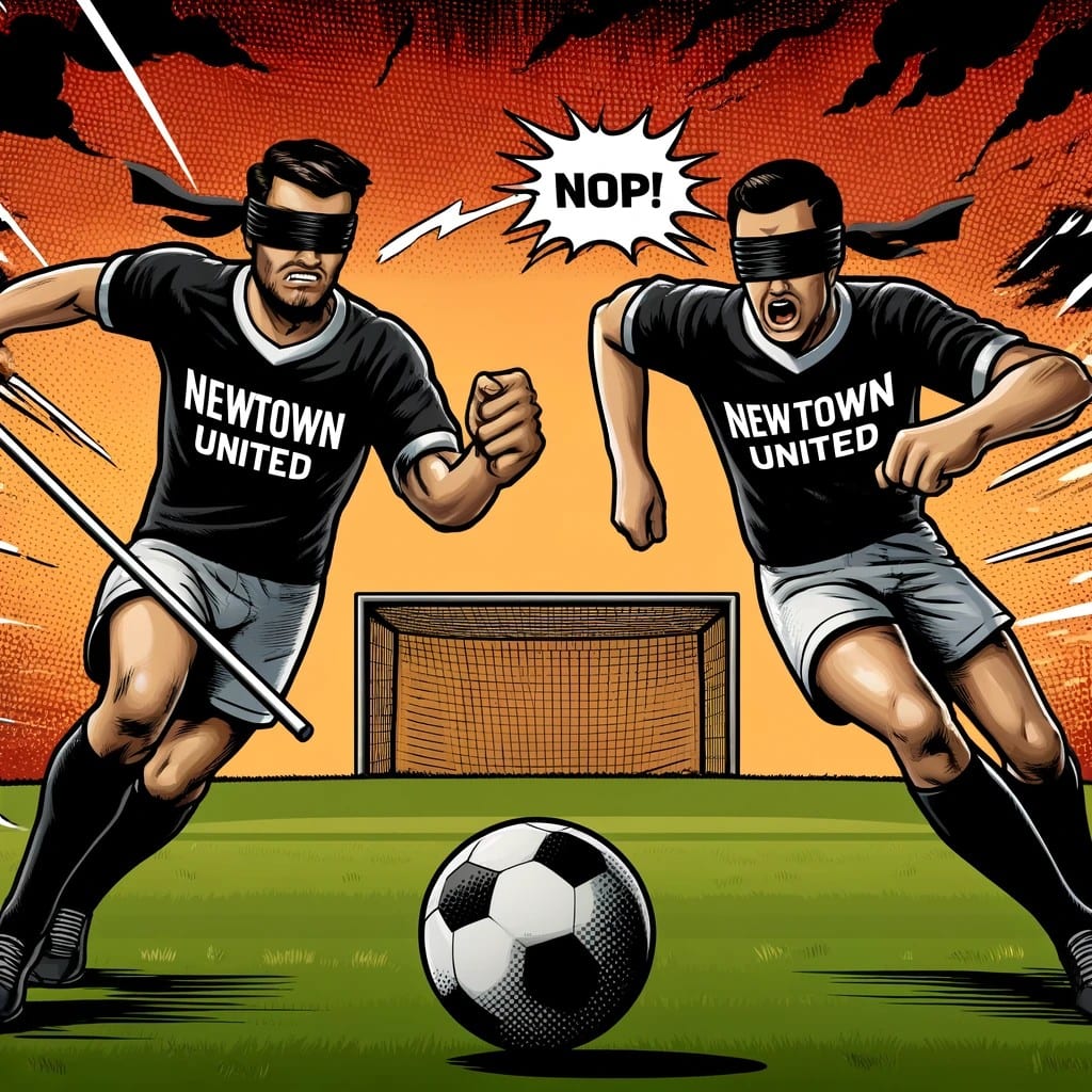 Comic: zwei Spieler mit Augenbinde im Newtown-United-Trikot kämpfen um den Ball